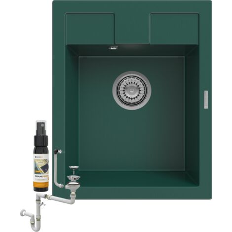 Évier de Cuisine en Granit 1 Bac BEST Vert Bouteille 50x40 cm avec Siphon Chromé et Connexion Lave-vaisselle