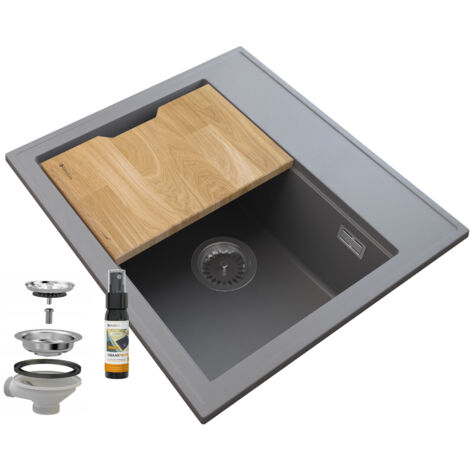 Évier de Cuisine en Granit FOXAL Gris avec Siphon et Planche 1 Ensemble (1/5)