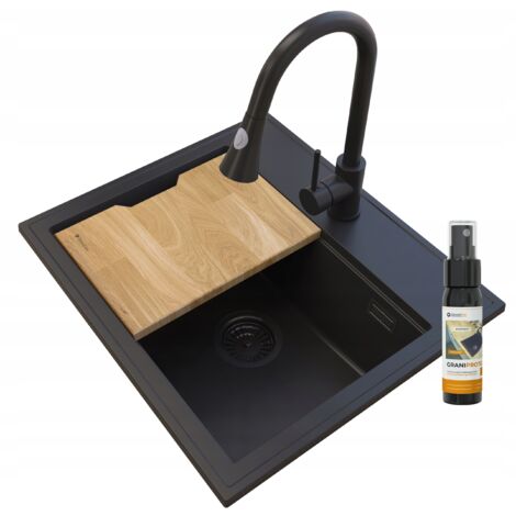 Évier de Cuisine en Granit FOXAL Noir avec Robinet SNAKE, Siphon Doré et Planche à Découper - 1 Bac (1/5)