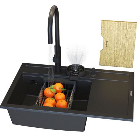 Évier de Cuisine en Granit Noir Rendo avec Égouttoir, Robinet Extensible, Distributeur de Savon, Planche en Chêne et Accessoires Inclus (1/5)