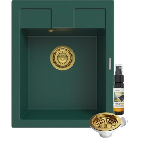 Évier de Cuisine en Granit 1 Bac Best Vert Bouteille avec Siphon Doré 50x40 cm - Résistant, Esthétique et Fonctionnel