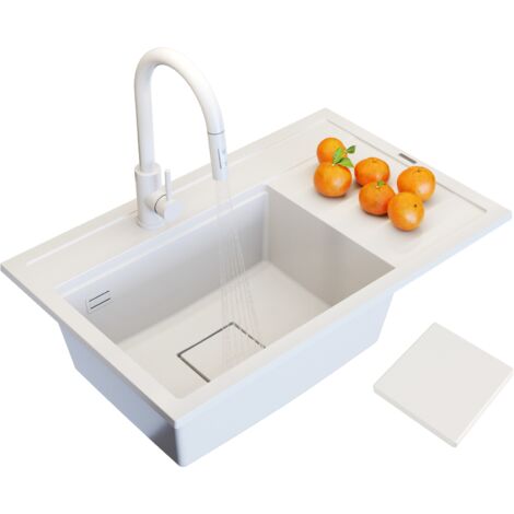 Évier de Cuisine en Granit Blanc Granitan Rendo avec Égouttoir, Robinet Extractible et Siphon, 1 Bac, Pour Meubles à partir de 60 cm (1/5)