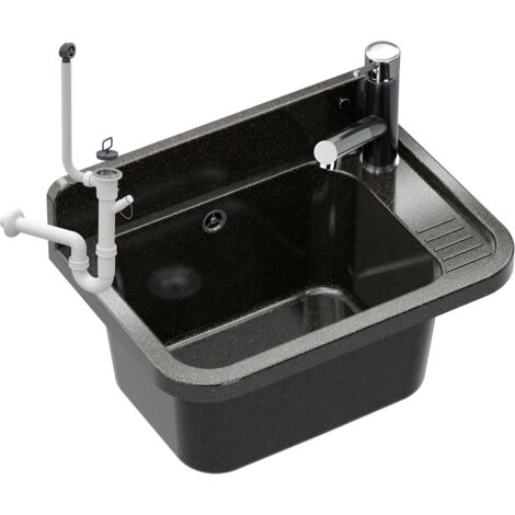 Évier utilitaire Paron 50x34x31 cm en polypropylène noir avec robinetterie en laiton et siphon – Idéal pour buanderie, chaufferie, garage – Ensemble complet. (1/5)
