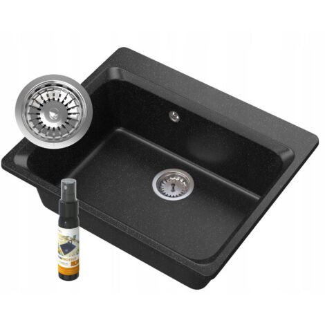 Évier de cuisine en granit Zante Granitan, noir, encastrable, 1 bac, siphon manuel chromé, dimensions 619x522 mm, profondeur 200 mm, avec GraniProtect. (1/3)