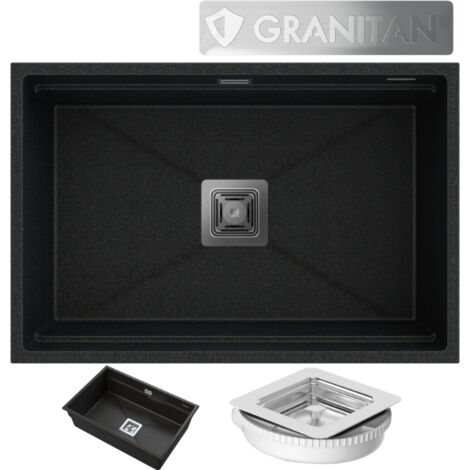 Évier Encastré Sous-Plan Granit 1 Bac GRANITAN EPIR 70 Noir Paillettes Dorées avec Siphon Carré Manual 75 cm