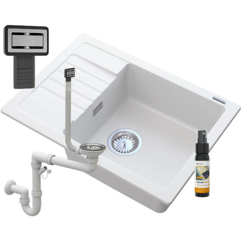 ÉVIER EN GRANIT BLANC ARGOS + SIPHON CARRÉ CHROMÉ (1/5)