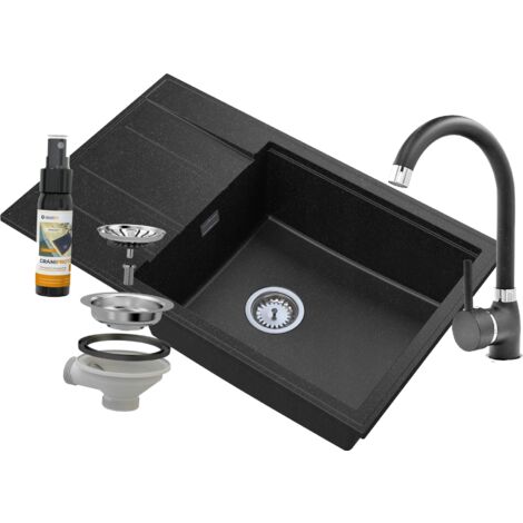 ÉVIER MONOCUVE EN GRANIT LOUIS AVEC ÉGOUTTOIR SIPHON SET ROBINET CHROMÉ (1/5)