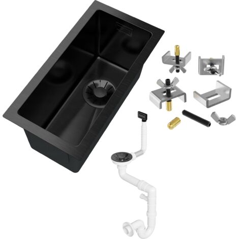 Évier en acier inoxydable Granitan Silvo22 noir PVD Super Slim étroit encastré 1 bac avec siphon LUX noir et kit de fixation (1/5)