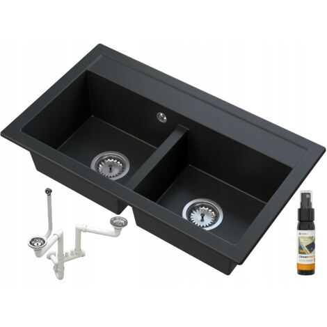 Évier Granit Granitan DUET avec Siphon et Produit d’Entretien GraniProtect 30ml – 2 Bacs Noir 746x442mm