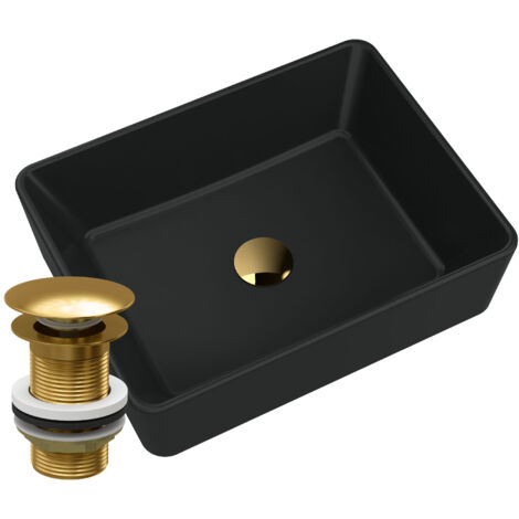 Lavabo en Granit à Poser Merano Noir avec Bouchon Cliquet Doré - 1 Pièce (1/5)