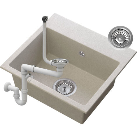 Évier de Cuisine en Granit Beige MILOS avec Siphon et Une Cuve
