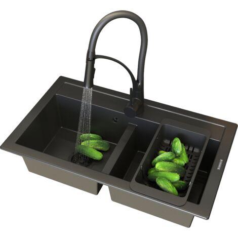 Évier Granit Double Bac DUET Noir + Mitigeur Cuisine Flexible + Égouttoir Télescopique + Siphon Noir (1/5)