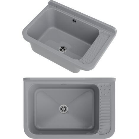 Granitan – Évier utilitaire 1 bac en polypropylène gris – Résistant aux produits chimiques – Installation rapide avec siphon et kit de montage