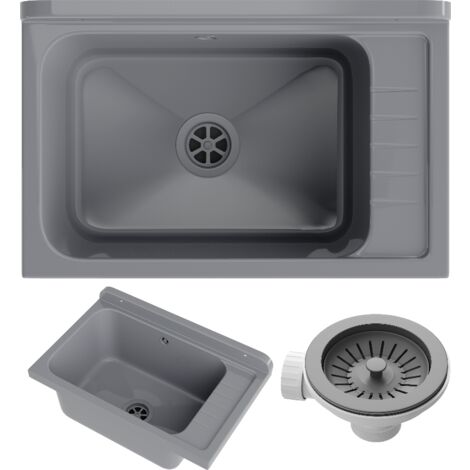 Évier Utilitaire en Polypropylène Gris Granitan Monza pour Buanderie, Chaufferie et Garage avec Siphon et Kit de Montage - 58x38x26,7 cm (1/5)