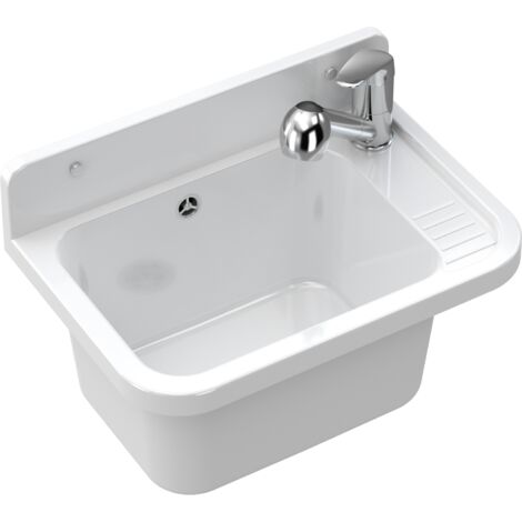 Évier utilitaire Granitan Paron Blanc 50x34x31 cm avec robinet chromé à bec extractible et accessoires complets. (1/5)