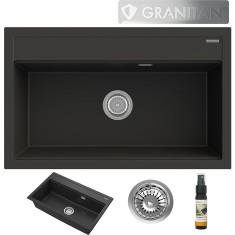 Évier en Granit ASTI Granitan avec Siphon Manuel Chromé - 1 Bac, 80,5x50,5 cm, Noir (1/4)