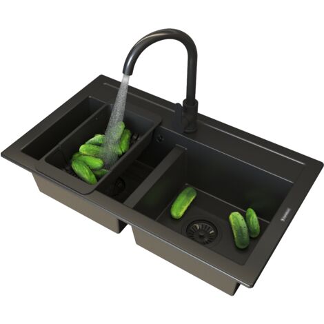 Évier Granit Noir DUET 2 Bacs avec Robinetterie PRESTIGE PLUS et Accessoires