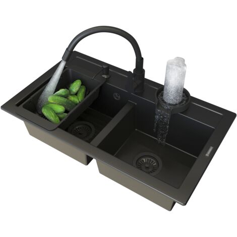Évier de Cuisine en Granit à Deux Bacs Granitan Duet avec Robinet, Siphon et Accessoires - Noir