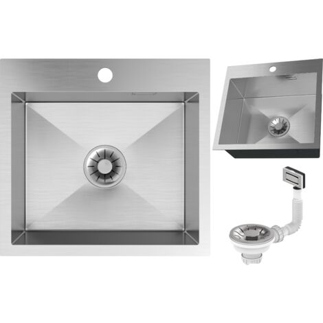 Évier de Cuisine Acier Inoxydable Monobac 48x45 cm Chromé avec Siphon Manuel et Accessoires (1/5)