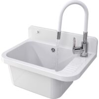 Granitan – Évier utilitaire blanc avec mitigeur flexible – Cuve en polypropylène 50x34x31cm – Résistant aux produits chimiques – Siphon inclus