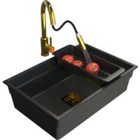 Évier en granit encastré 1 bac Granitan Epir 70 avec robinetterie Loseto et siphon carré doré