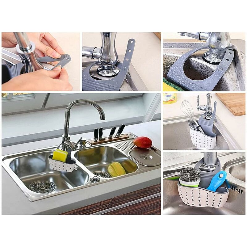 3-in-1 Sponge Holder for Kitchen Sink, Movable Brush Holder + Dish Cloth  Hanger, Hanging Caddy, Small in Organizer Accessories Rack Basket, 304