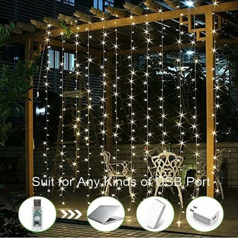 AlwaysH Curtain Lights - 3 x 3m Curtain String Lights 300LEDs USB Powered, 8 Lighting Modes with Remote Control Window Decoration, Christmas, Wedding, Birthday, Home, Patio, Waterproof (Warm White) Gr
