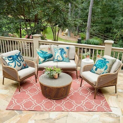 AlwaysH Outdoor Cushion Cover Set of 4 Waterproof Blue Sea Life Pattern Sofa Throw Pillow Case for Patio Garden Living Room Bedroom Decoration