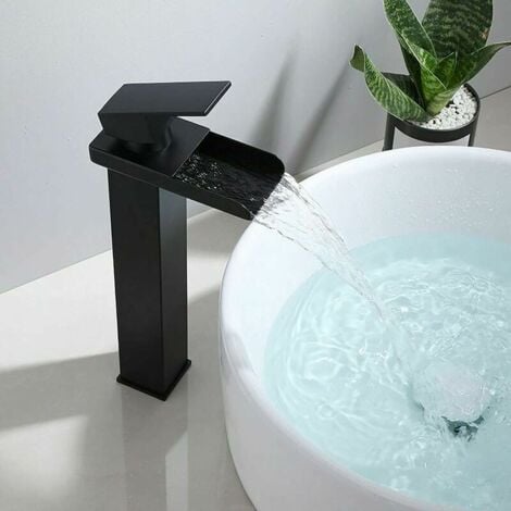 AlwaysH High Basin Waterfall Mixer Tap Matt Black Rectangular Hot Cold Adjustable Square Bathroom for Counter Top Basin Hand Wash Basin Mixer Stainless Steel Anti-Oxidation Lead Free