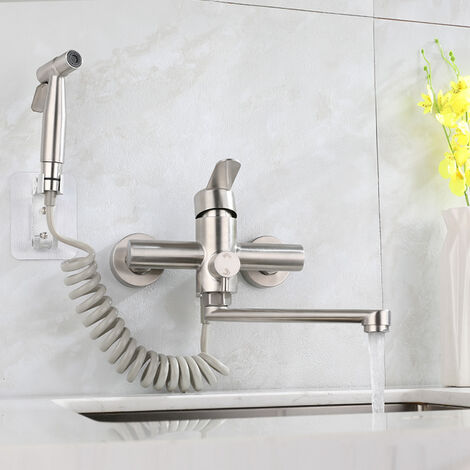 AlwaysH Wall-Mounted Kitchen Faucet Mixer for Sink Kitchen Taps with Spray Gun and 2 Types of Water Jets 360° Rotating in Brushed Stainless Steel
