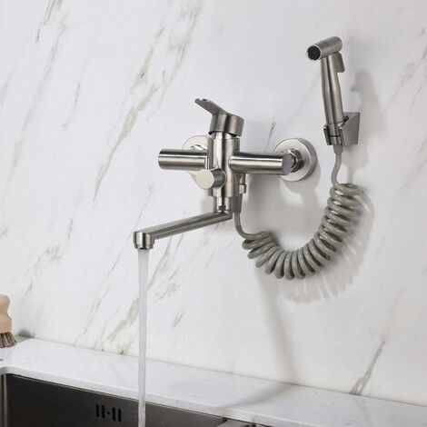 AlwaysH Wall-Mounted Kitchen Faucet Mixer for Sink Kitchen Taps with Spray Gun and 2 Types of Water Jets 360° Rotating in Brushed Stainless Steel