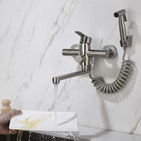 AlwaysH Wall-Mounted Kitchen Faucet Mixer for Sink Kitchen Taps with Spray Gun and 2 Types of Water Jets 360° Rotating in Brushed Stainless Steel