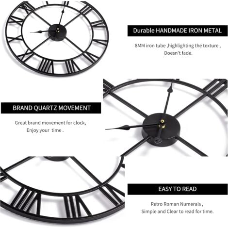 AlwaysH Large Round Metal Wall Clock Vintage Style Silent Non-Ticking Battery Operated 40cm Black Roman Numeral Clocks for Living Room Bedroom Kitchen Decoration