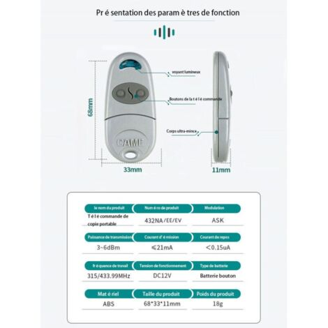 AlwaysH Accessory for Remote Control Came TOP432NA 3 pieces. Fixed code frequency 433.92 MHz.
