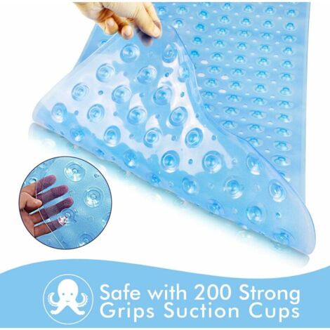 AlwaysH Non-Slip Bath Mat Extra Long Shower Mat Kids Bath Mat with Suction Cup Machine Washable Anti Mildew Antifungal, Latex Phthalates Free (100 x 40cm, Blue)