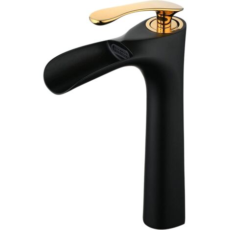 AlwaysHBathroom Faucet,Black Waterfall High Basin Faucets,Single Handle Basin Mixer Tap One Hole Solid Brass Body,Ceramic Valve,SHUNLI