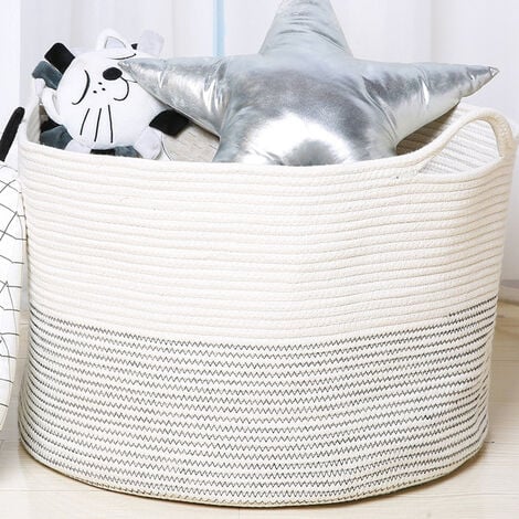 AlwaysHLarge Woven Cotton Rope Basket Baby Laundry Hamper For Blankets Toys Storage Basket With Handle Quilt Cushions Storage Bins Yarn Laundry Hamper-Black Dot 5535cm