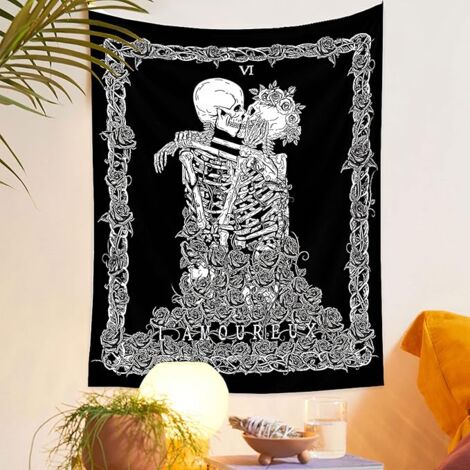AlwaysHSkull Wall Tapestry Kissing Lovers Tapestry Wall Hanging Black Tarot Tapestry Skeleton Blanket Fabric Decoration for Bedroom Living Room 73 x 95cm