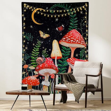 AlwaysHMushroom Tapestry Moon and Stars Butterfly Wall Tapestry Aesthetic Vertical Tapestry Tarot Tapestry Wall Hanging for Bedroom Living Room Decor (148x200cm, Black)
