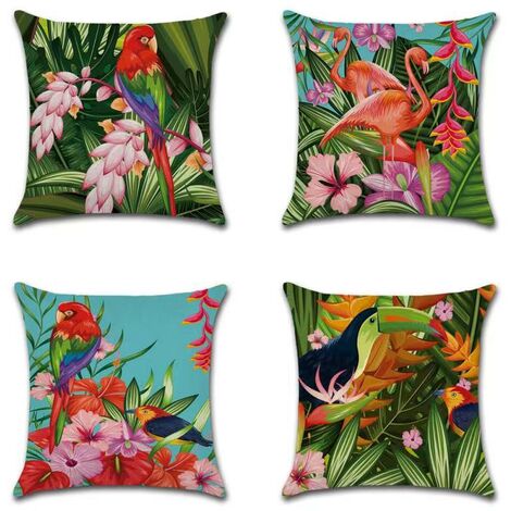 AlwaysHSet of 4 Cushion Cover 45 x 45 cm Birds Flowers Tropical Plants ...