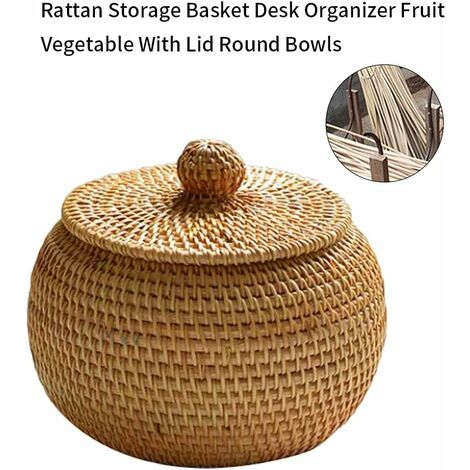 AlwaysHWicker Storage Basket with Lid Rattan Basket Small Wicker Box Natural Rattan Woven for Bedroom Living Room Office 15 x 12cm