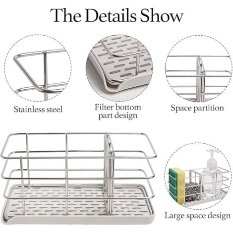 AlwaysHKitchen Sink Sponge Holder, Kitchen Sink Organizer Stainless Steel Sink Tray Dish Rack Hanging Panel Adjustable Brush Sink Soap Dish for Countertop or Wall Stick