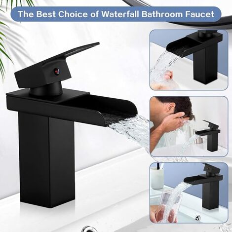 AlwaysHModern Black Waterfall Bathroom Faucet, Waterfall Basin Mixer Tap, Basin Faucet with High Spout, Brass Bathroom Mixer Tap, Cold & Hot Water Available