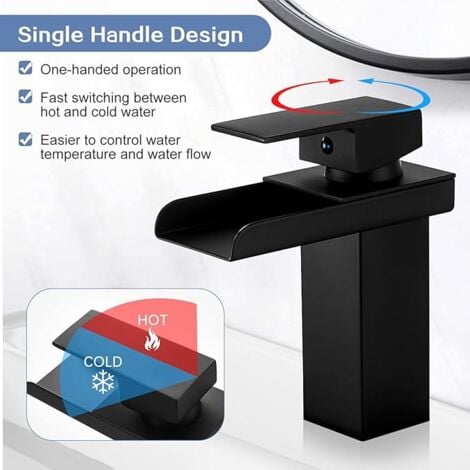 AlwaysHModern Black Waterfall Bathroom Faucet, Waterfall Basin Mixer Tap, Basin Faucet with High Spout, Brass Bathroom Mixer Tap, Cold & Hot Water Available
