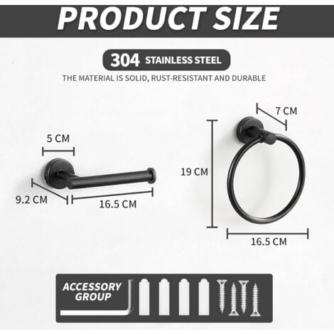 AlwaysH Toilet roll holder and towel ring, 2 bathroom accessories matt black stainless steel