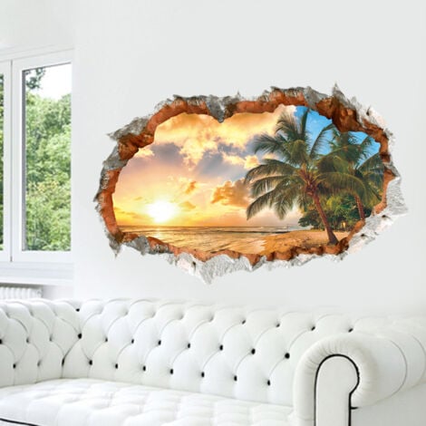 AlwaysH 3D Wall Stickers SUNSET (5070CM cm) I wall sticker landscape beach sea ocean palm tree I Decoration for living room bedroom kitchen hallway door entrance adult