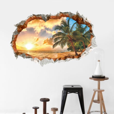 AlwaysH 3D Wall Stickers SUNSET (5070CM cm) I wall sticker landscape beach sea ocean palm tree I Decoration for living room bedroom kitchen hallway door entrance adult