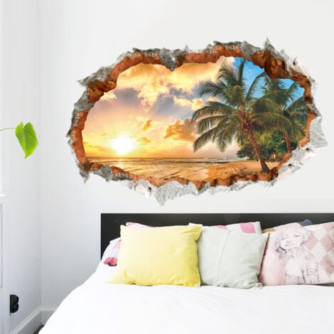 AlwaysH 3D Wall Stickers SUNSET (5070CM cm) I wall sticker landscape beach sea ocean palm tree I Decoration for living room bedroom kitchen hallway door entrance adult