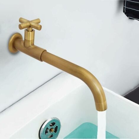 AlwaysH Brass Cold Water Wall Mounted Faucet, Antique Long Garden Tap, 360° Swivel Mixer Tap with Cross Handle, Brushed
