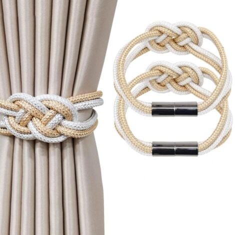 AlwaysH Pack Nordic Style Magnetic Curtain Tiebacks Decorative Woven Rope Curtain Holdbacks for Home Office Window Curtains (Beige and White)